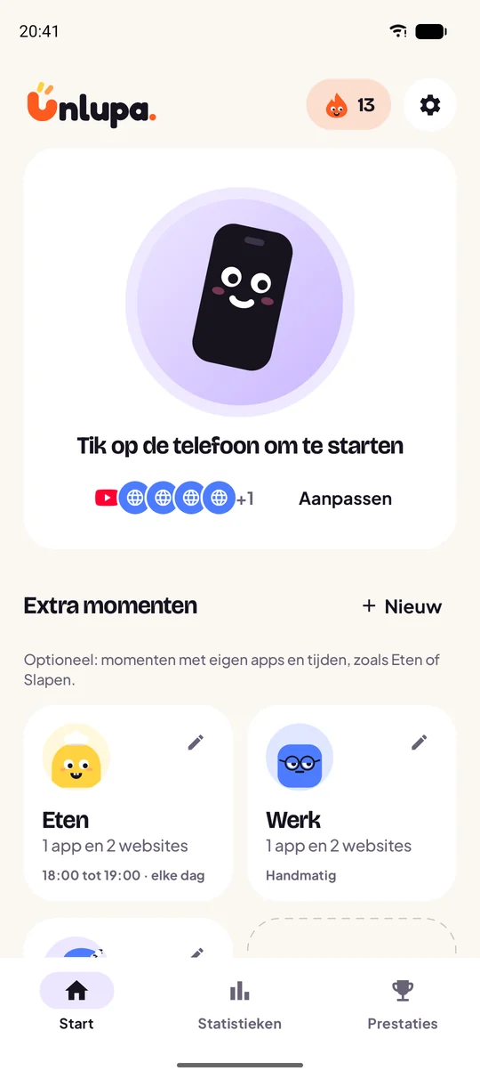 Startscherm van Unlupa met de grote knop
